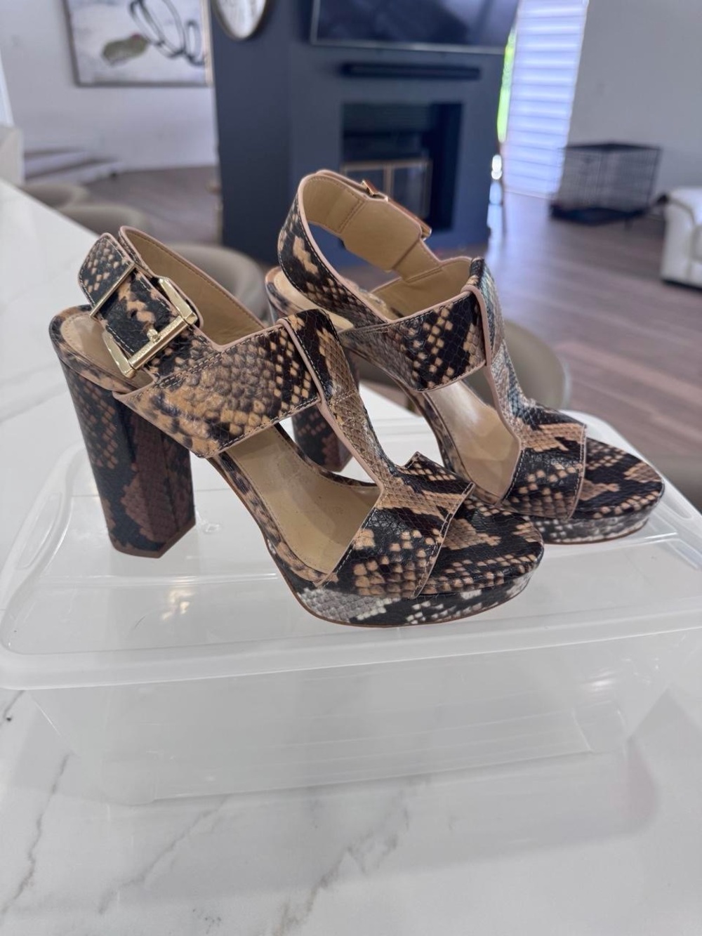 Michael Kors Brown Snake-Print Platform Block Heel Sandals